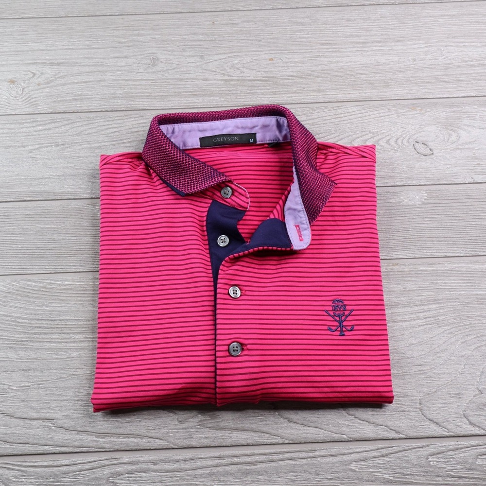 Greyson Wolf Crest Polo Men's Medium Pink Navy Stripe Performance